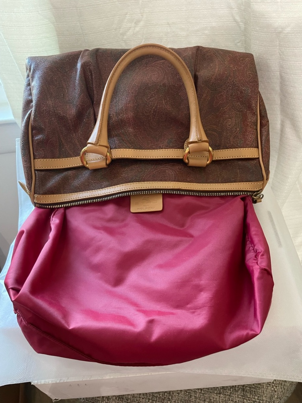 Etro Satchel Bag EUC Vtg Etro Paisley Boston Bag Leather Handles Made in Italy - Picture 15 of 17